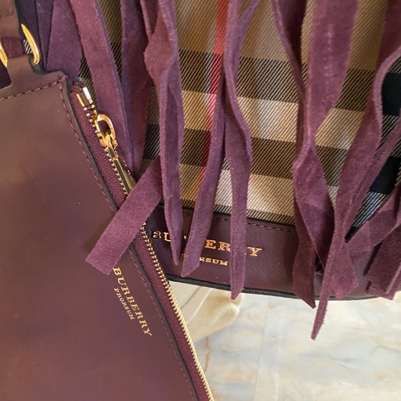 BURBERRY PRORSUM FRINGED BURGUNDY LEATHER AND TARTAN CANVAS Bag - Picture 2 of 7
